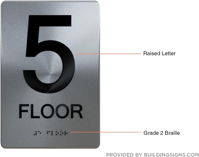BUILDINGSIGNS.COM Floor Number Sign Tactile Graphics Grade 2 Braille Text With Raised Letters Aluminum, Safety Sign For Office, School Hospital,Brush Silver (5Th Floor) (Sensation Line) - Image 4